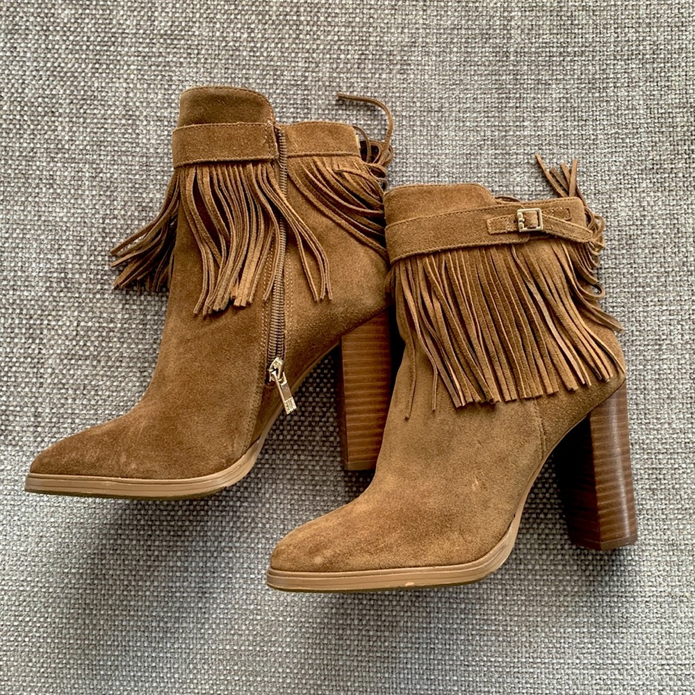 Ivanka Trump - Suede Ankle Boot w/ block heel and fringe detail